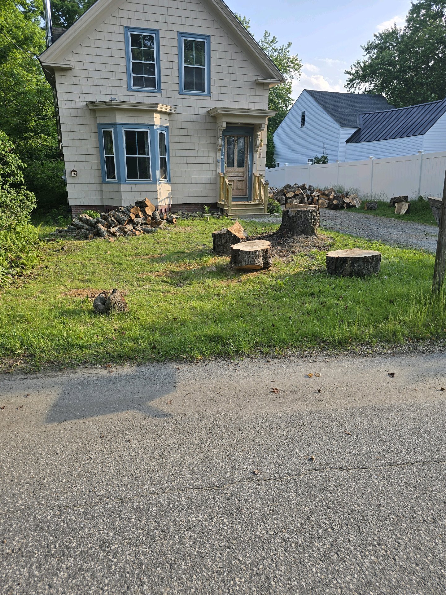 Stripped pine in front of brick house